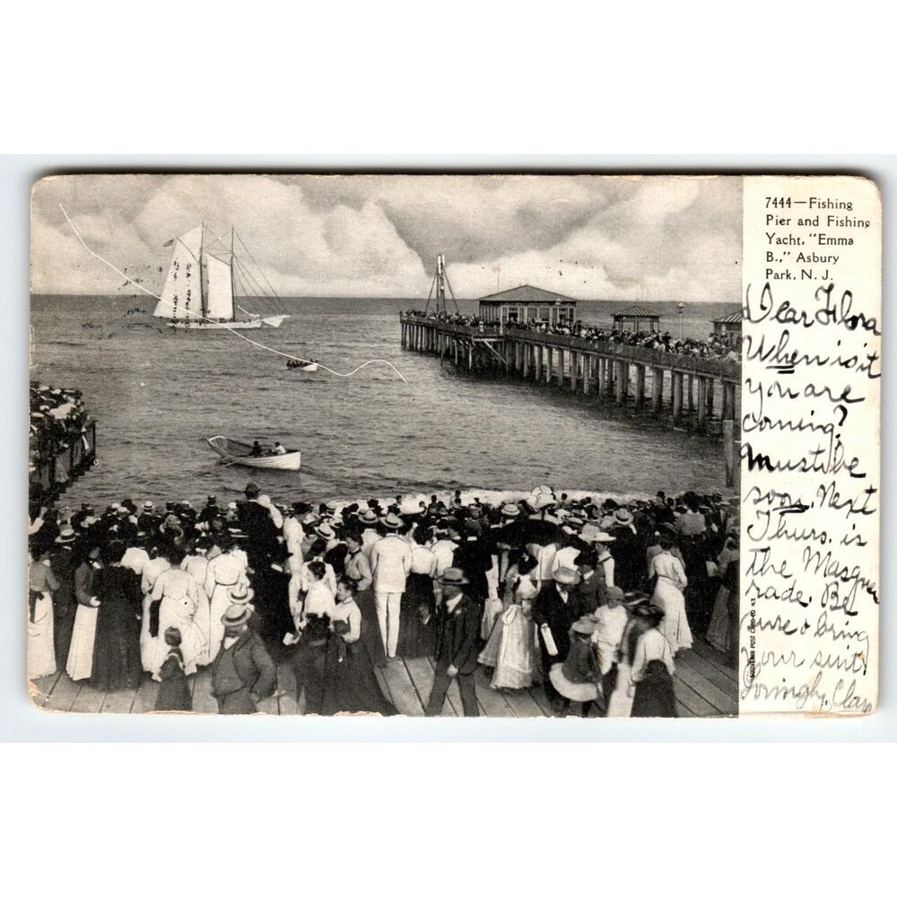 Vintage Asbury Park NJ Fishing Pier & Yacht "Emma B." 1906 Postcard